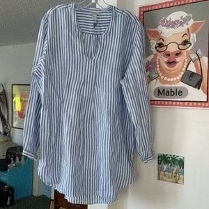 NWT L.L.Bean LS white/blue stripe linen tunic